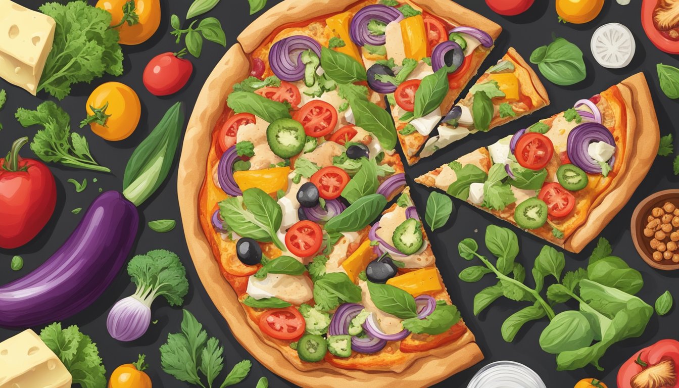 A colorful vegan pizza with plant-based chicken, vegetables, and dairy-free cheese on a round crust, surrounded by fresh ingredients