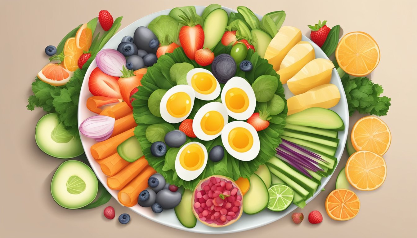 A colorful array of hard-boiled eggs arranged in a circular pattern on a plate, surrounded by various fresh fruits and vegetables