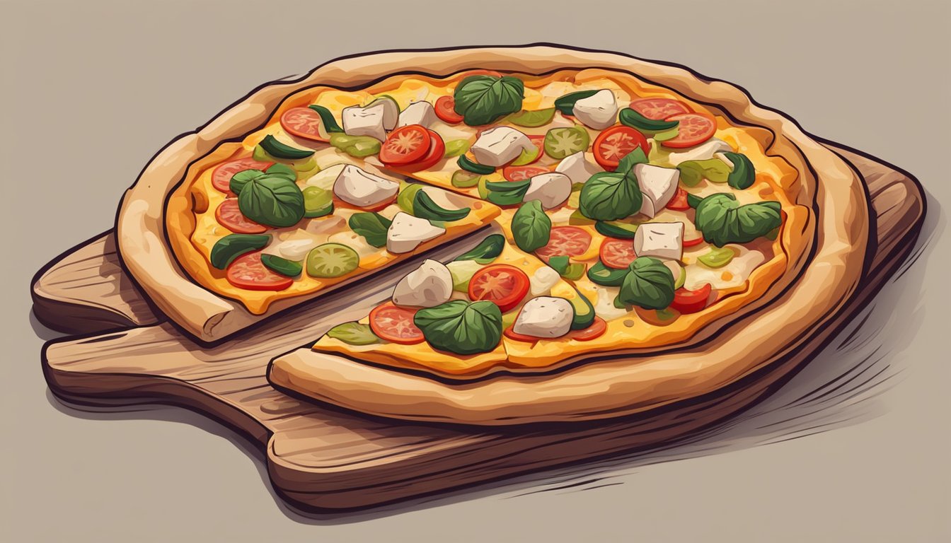 A pizza with chicken, vegetables, and cheese on a wooden cutting board