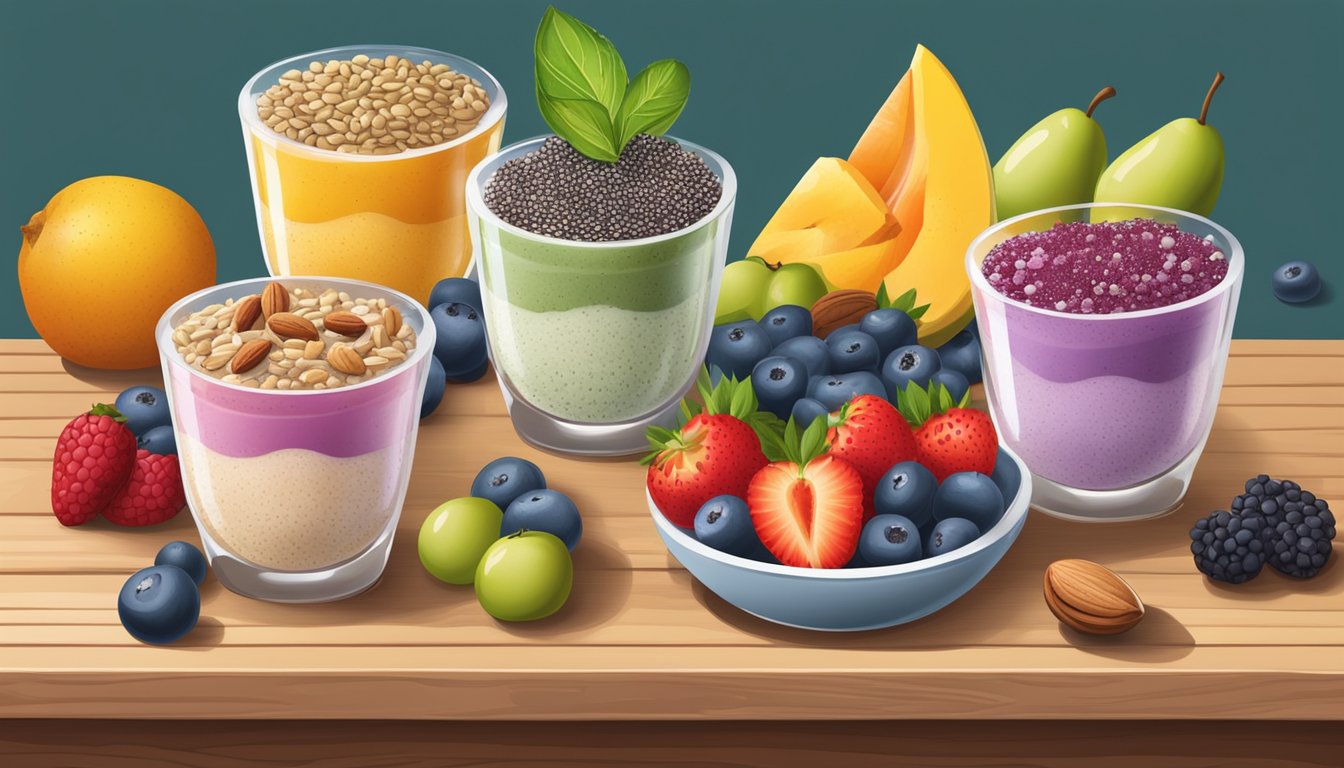 A colorful array of chia seed pudding cups surrounded by fresh fruits and nuts on a wooden table