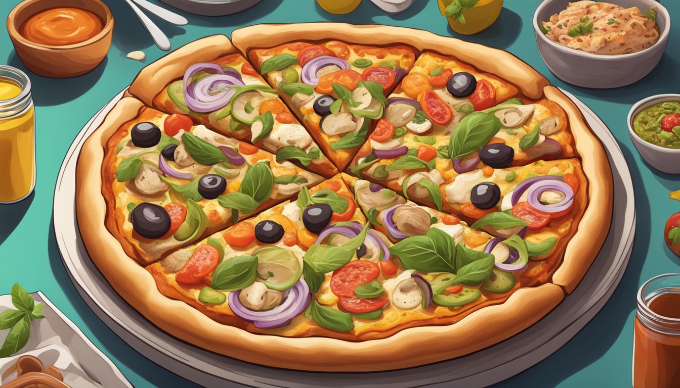 A colorful pizza topped with a variety of sauces and flavors, including vegan chicken, sits on a round platter