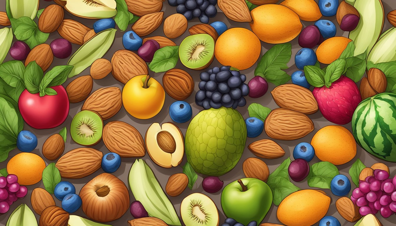 A colorful assortment of almonds and walnuts arranged in a playful and inviting manner, surrounded by vibrant fruits and vegetables