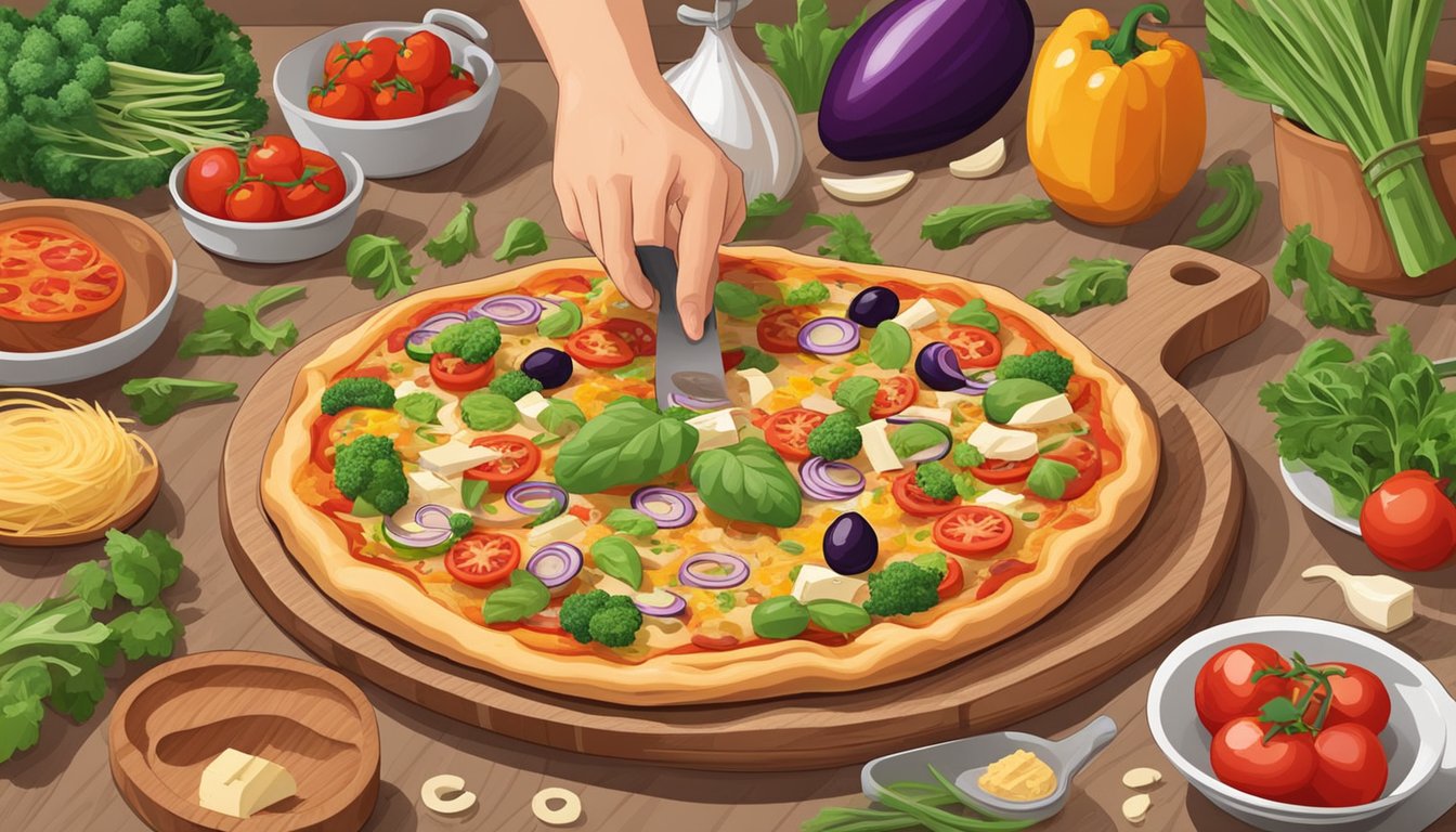 A chef prepares a chicken supreme pizza, with a variety of fresh vegetables and vegan cheese, on a wooden cutting board