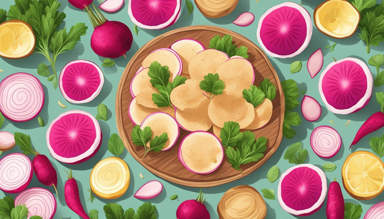 A colorful array of roasted radish chips arranged in a circular pattern with various seasonings and toppings, surrounded by fresh radishes and herbs