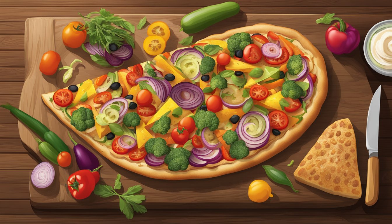 A rustic wooden board holds a golden-brown French bread pizza topped with vibrant, colorful vegetables, all arranged in an artful and appetizing display