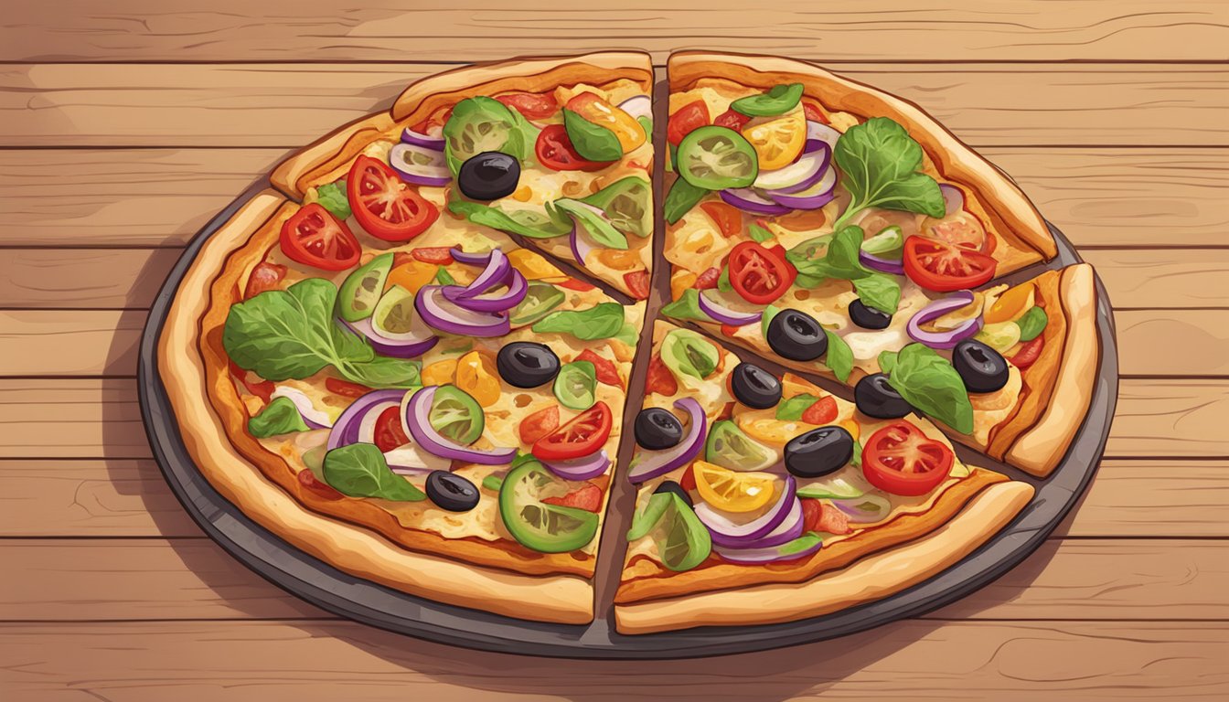 A sizzling chicken supreme pizza with colorful vegan toppings on a wooden serving board