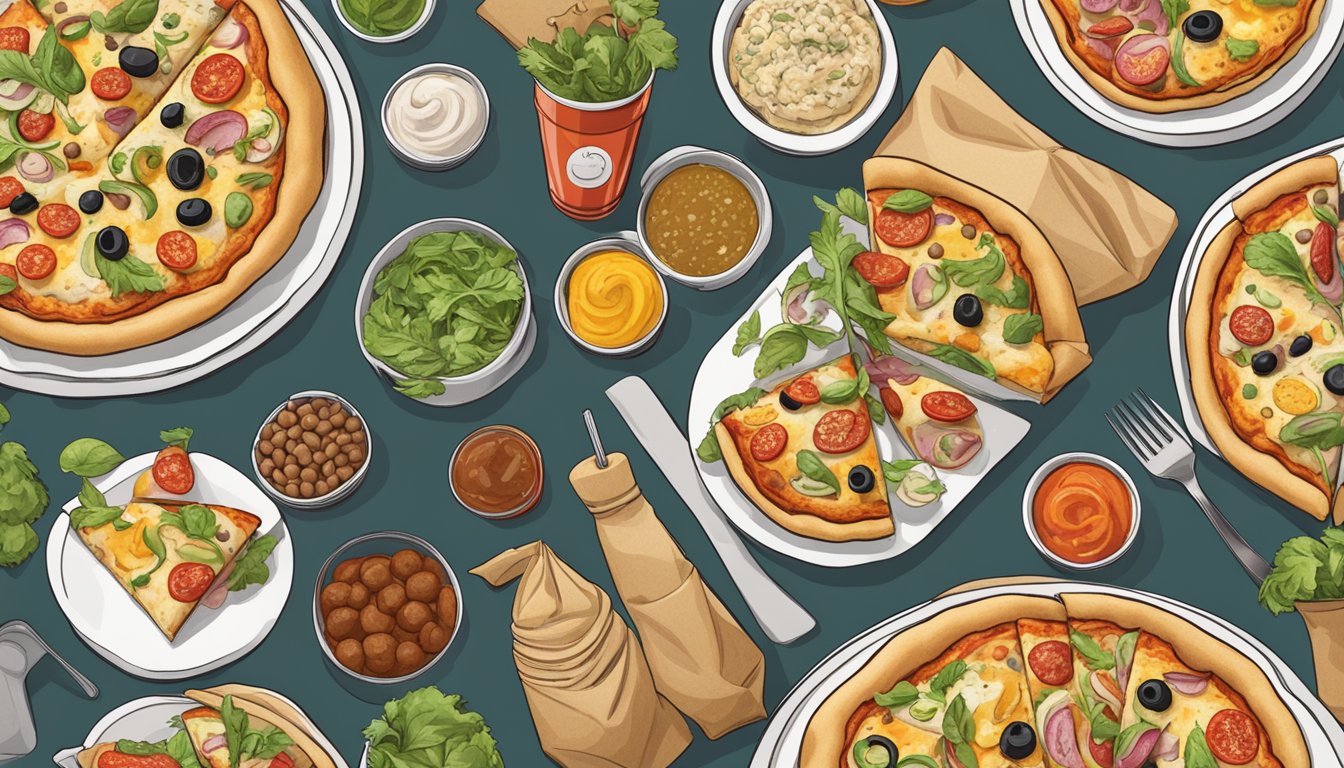 A table with a pizza cone surrounded by various vegan toppings and takeout containers