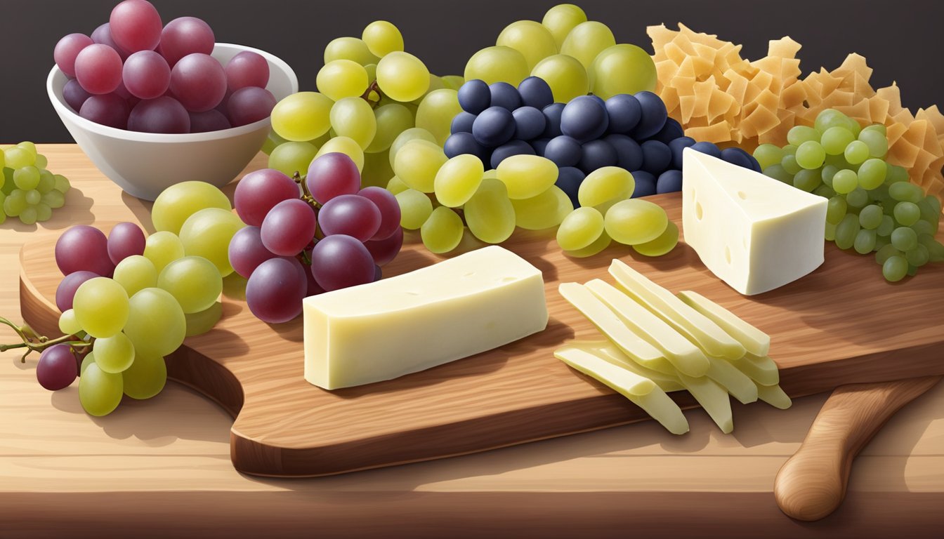 A colorful spread of string cheese and grapes on a wooden cutting board, surrounded by other healthy snack options