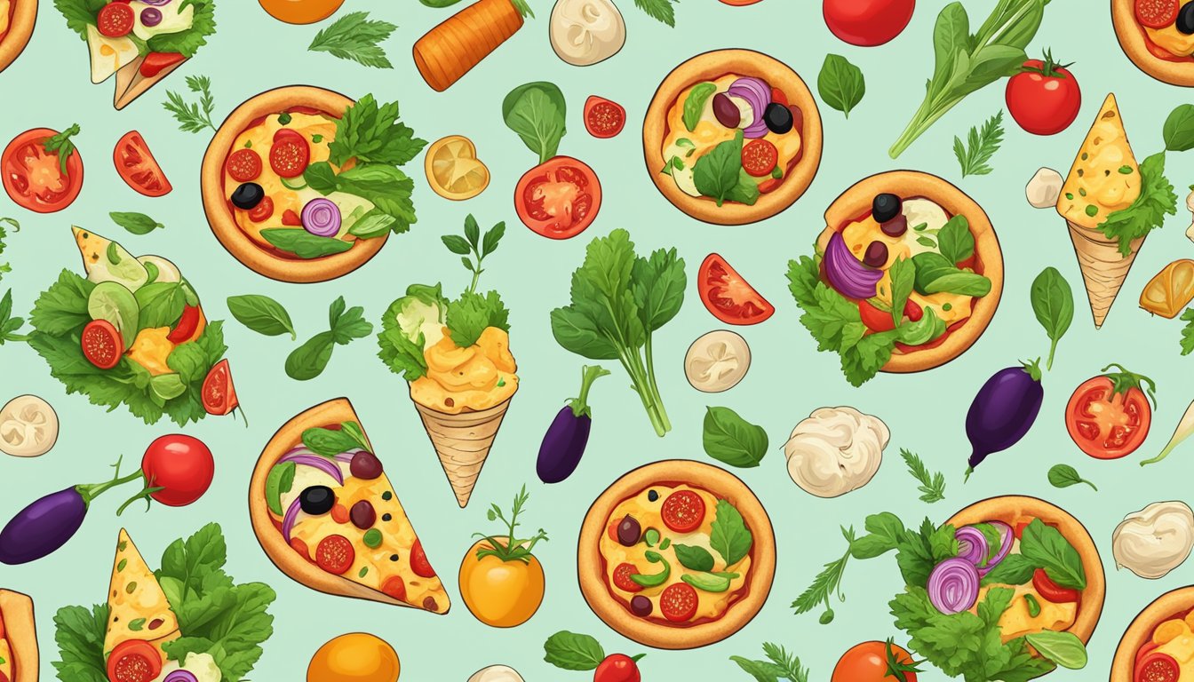 A pizza cone filled with colorful vegan toppings, surrounded by fresh vegetables and herbs