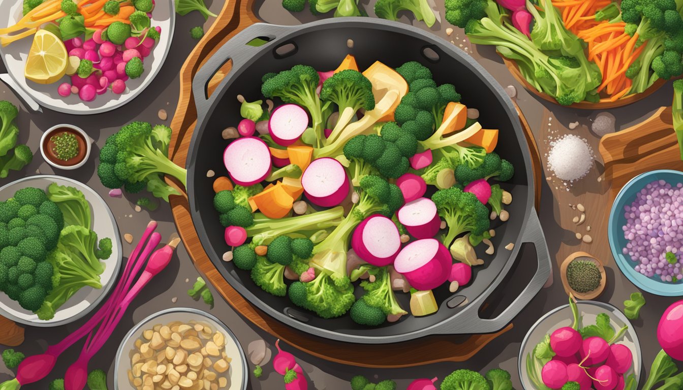 A sizzling skillet filled with vibrant radishes and broccoli, surrounded by colorful bowls of various stir-fry dishes