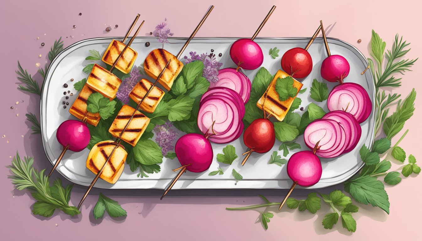 A colorful array of grilled radish skewers arranged on a platter, surrounded by vibrant herbs and seasonings