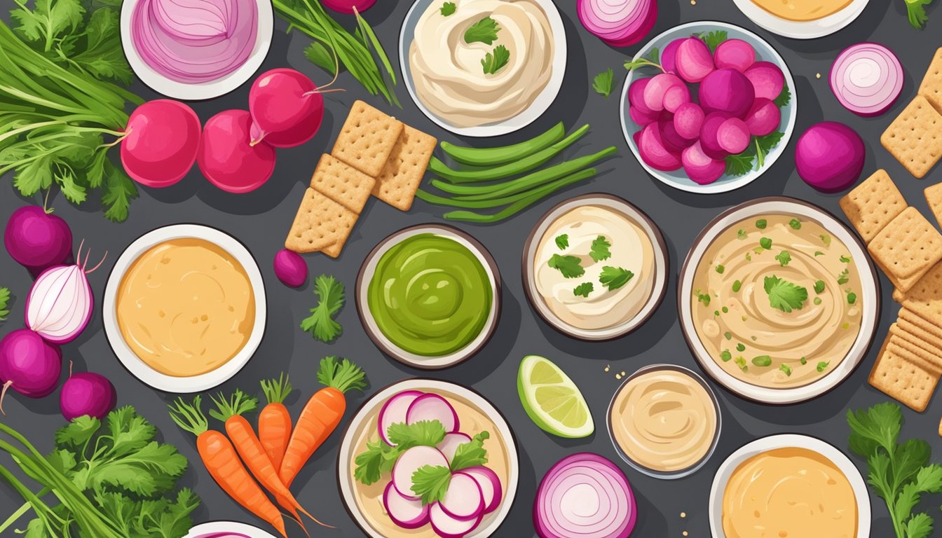 A colorful plate of sliced radishes surrounded by bowls of different flavored hummus, accompanied by fresh vegetables and whole grain crackers