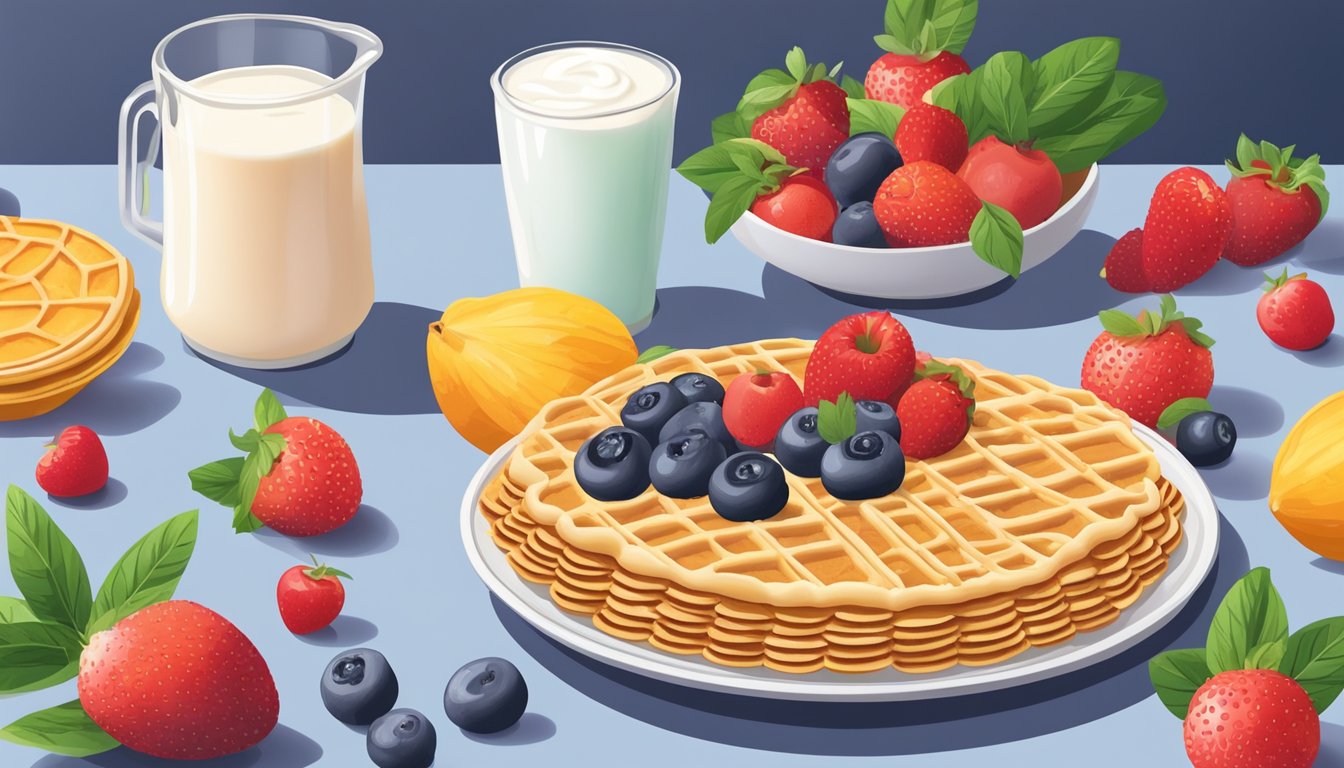 A plate of pizzelles surrounded by fresh, colorful fruits and a dollop of dairy-free whipped cream, with a plant-based milk carton in the background