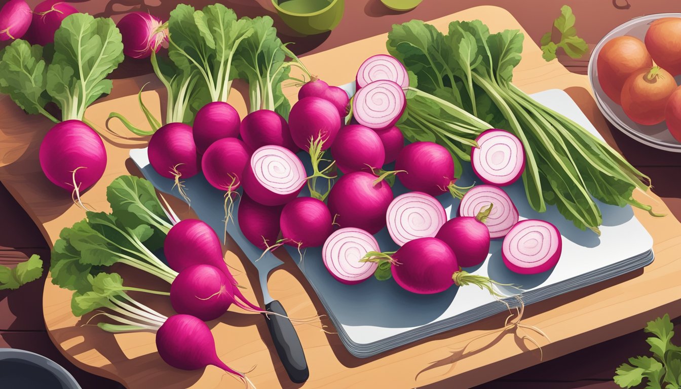 A colorful array of radishes arranged on a cutting board, with various kitchen utensils nearby and a cookbook open to a radish recipe