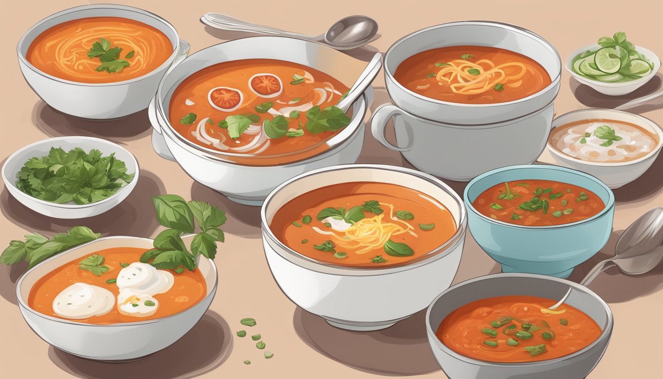 A steaming bowl of spicy tomato soup surrounded by 5 other bowls of different comforting low-carb soups