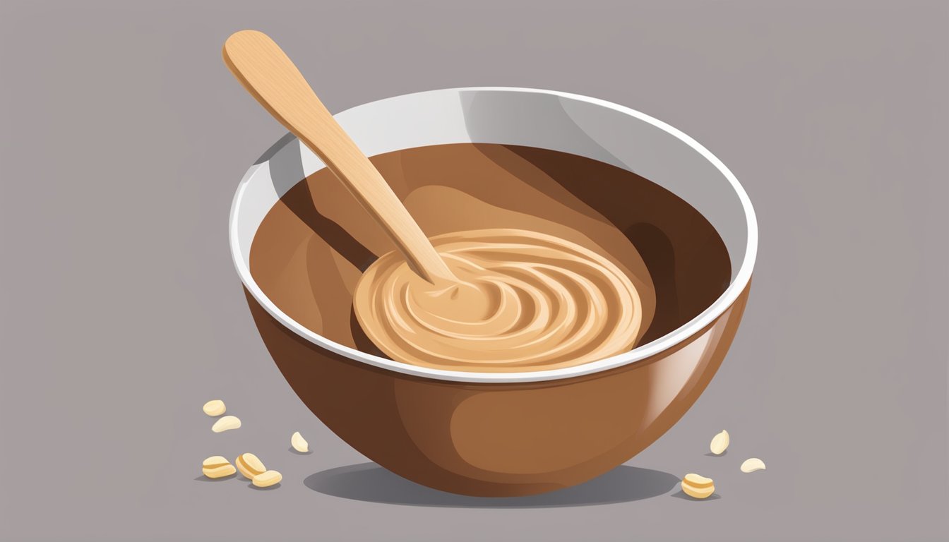 A mixing bowl filled with peanut butter, cocoa powder, and coconut milk, being stirred together with a wooden spoon