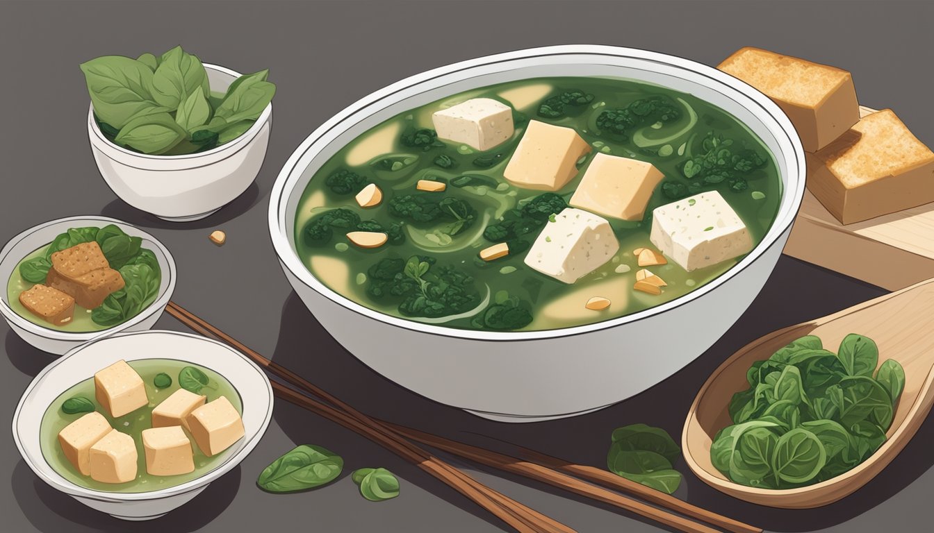 A steaming bowl of miso spinach soup surrounded by ingredients like tofu, spinach, and broth, with a warm and inviting feel