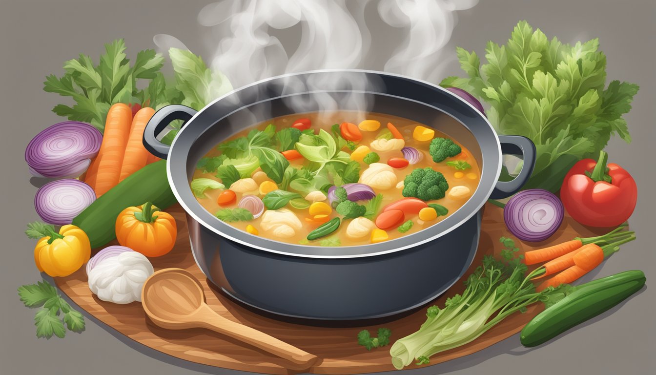 A steaming pot of low-carb soup surrounded by colorful, fresh vegetables and herbs