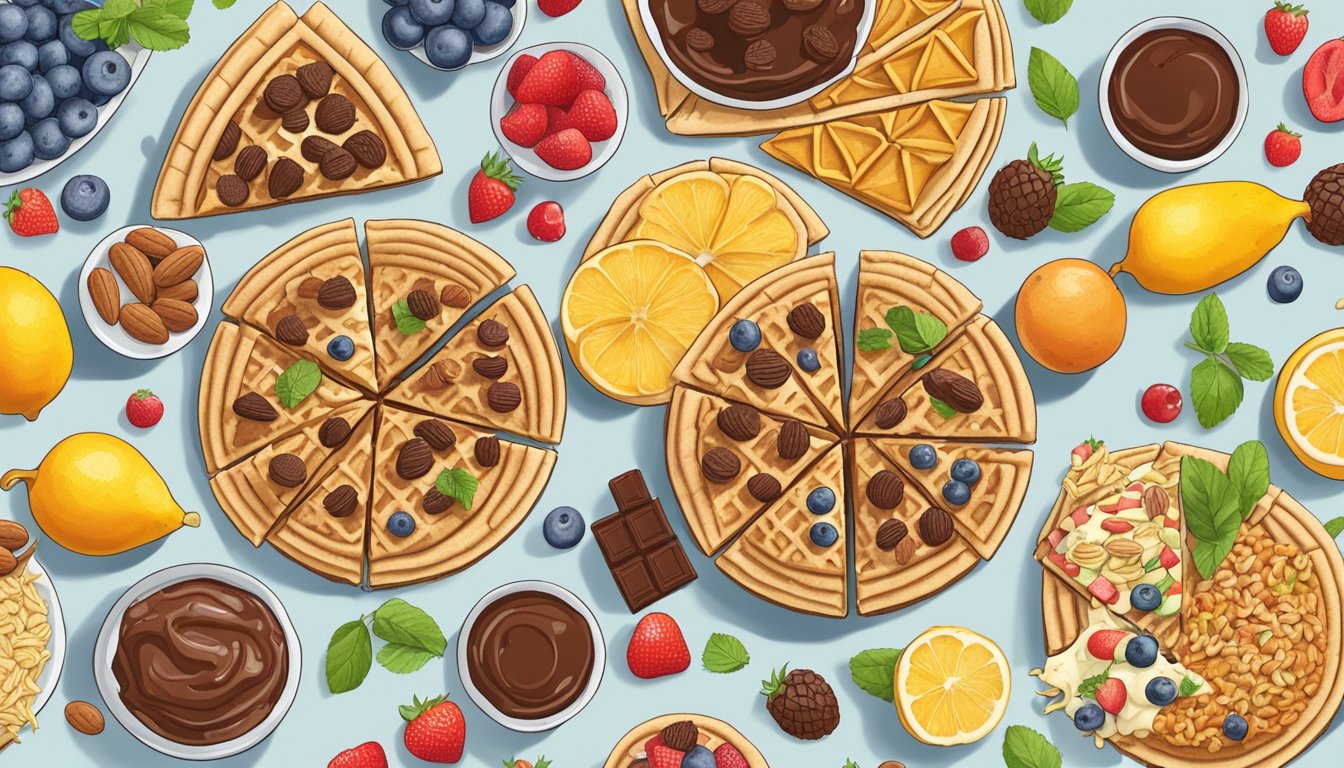 A plate of pizzelles surrounded by various vegan toppings and ingredients, such as fresh fruits, nuts, and dairy-free chocolate spread