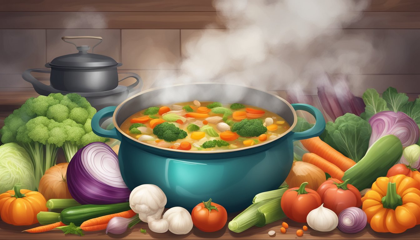 A steaming pot of vegetable soup surrounded by colorful low-carb ingredients, with a cozy kitchen backdrop