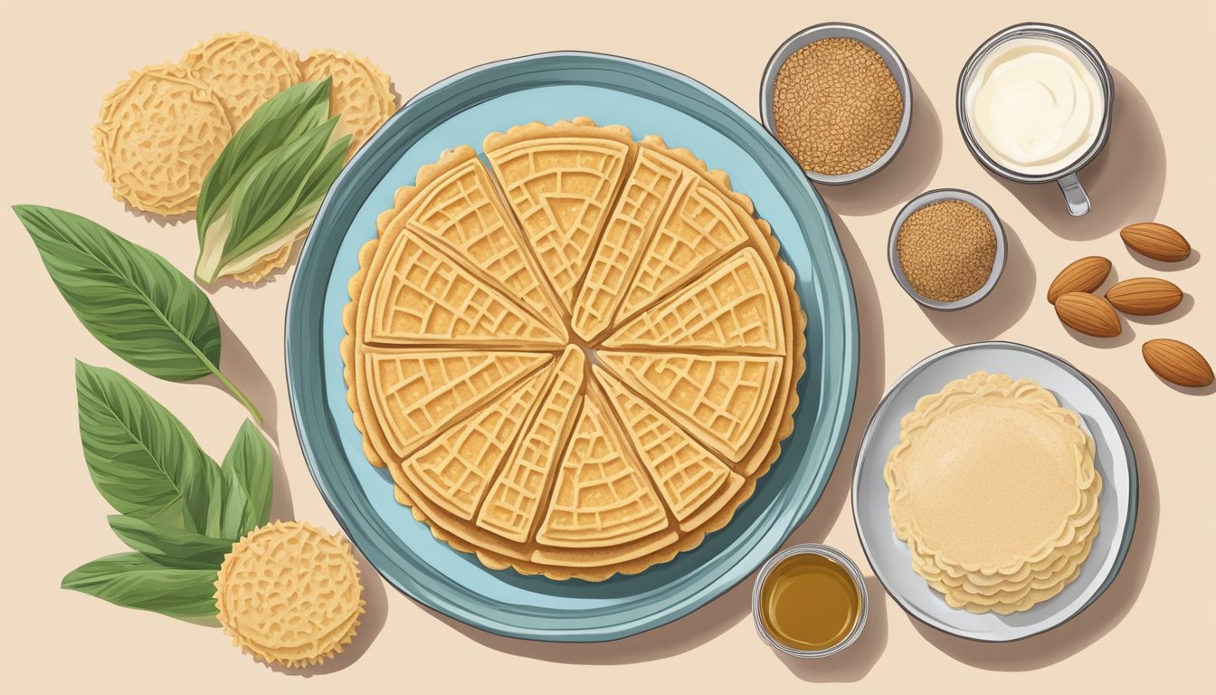 A table with a plate of pizzelles surrounded by vegan ingredients like almond milk, coconut oil, and flaxseed