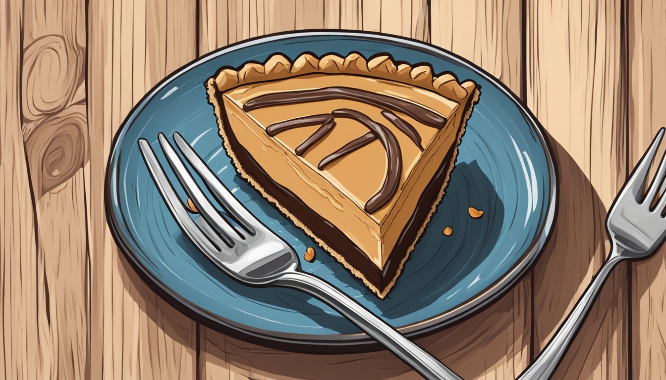 A slice of vegan peanut butter chocolate pie with a fork beside it on a rustic wooden table