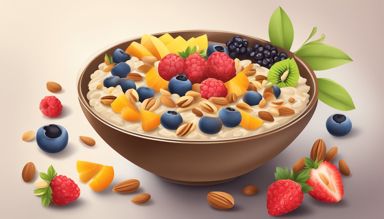 A bowl of oatmeal topped with nuts and berries, surrounded by a variety of fresh, colorful fruits and nuts