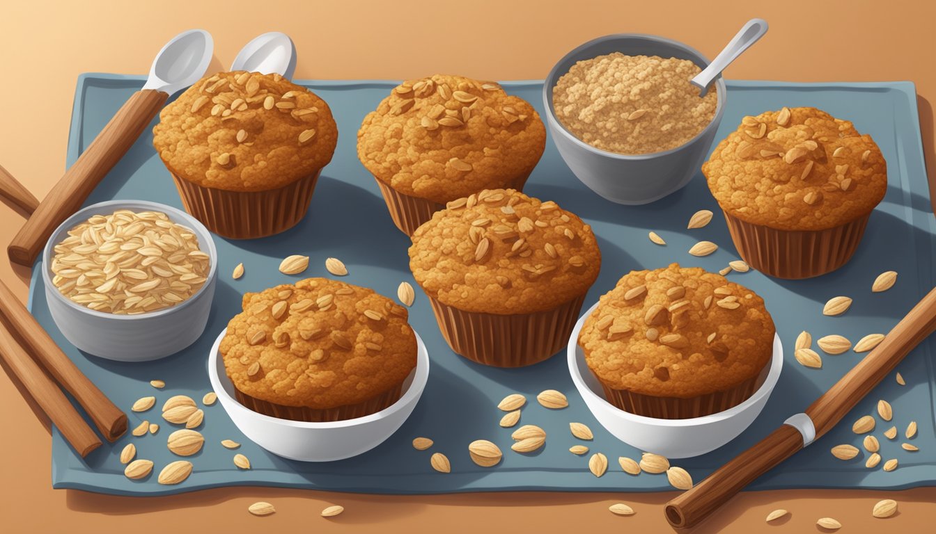 A table set with six freshly baked pumpkin spice oat muffins, surrounded by ingredients like oats, pumpkin puree, and spices