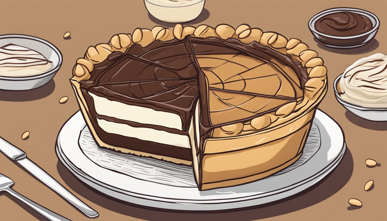 A pie being assembled and served with layers of peanut butter and chocolate, showcasing a vegan dessert option