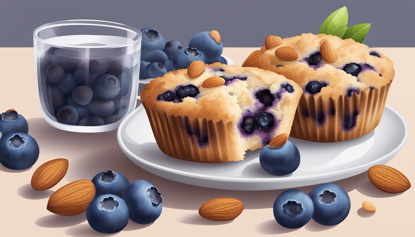 A table set with a plate of blueberry almond flour muffins, surrounded by fresh blueberries and almonds