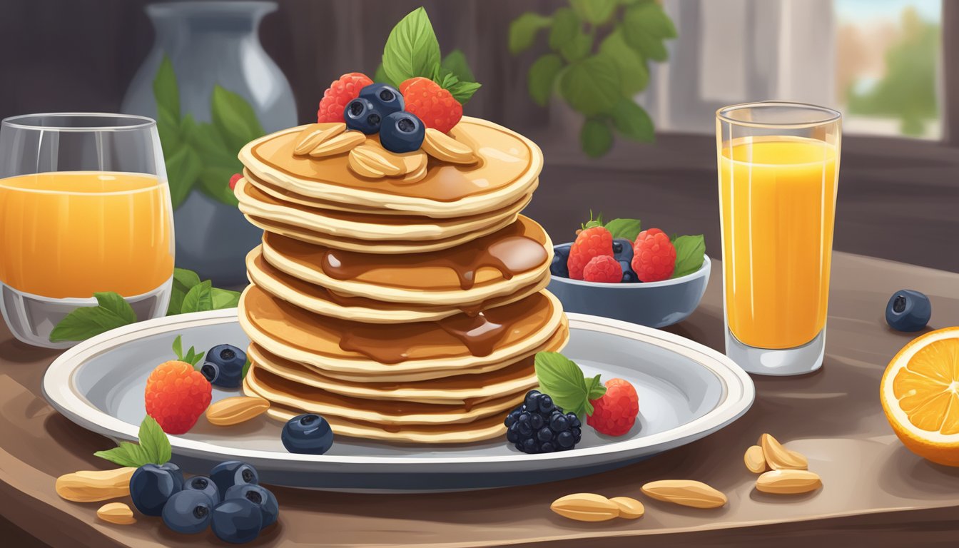 A stack of whole grain pancakes topped with a dollop of peanut butter, surrounded by fresh berries and a glass of orange juice