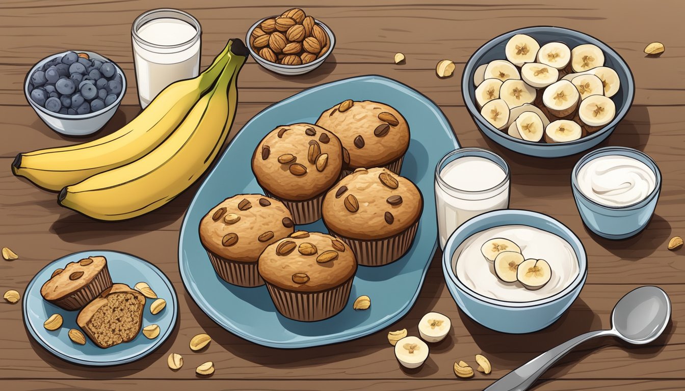 A wooden table with a plate of banana walnut Greek yogurt muffins surrounded by fresh ingredients like bananas, walnuts, and Greek yogurt