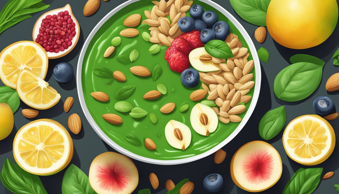 A vibrant green smoothie bowl topped with sliced almonds and spinach leaves, surrounded by fresh fruits and nuts