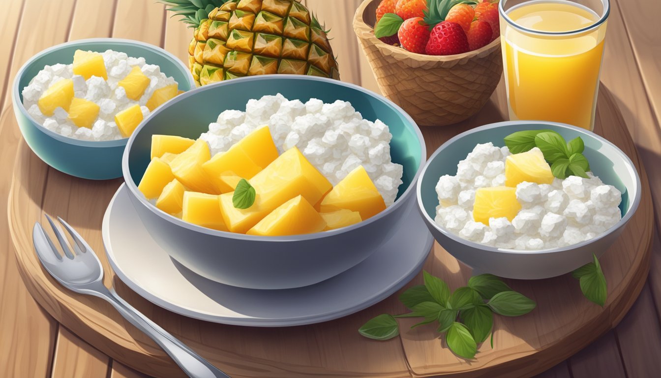 A bowl of cottage cheese topped with pineapple sits on a wooden table, surrounded by a selection of fresh fruits and whole grain toast. A glass of water and a diabetes-friendly breakfast menu complete the scene