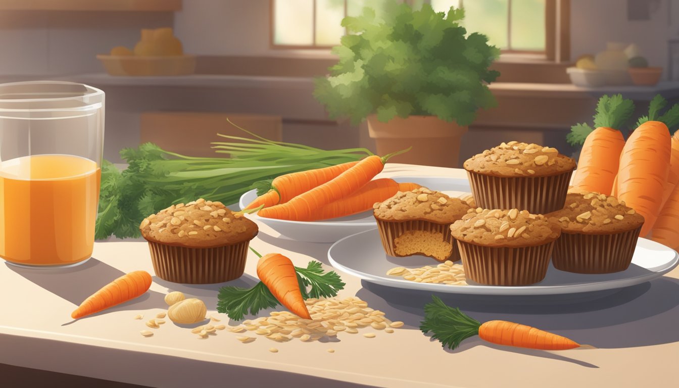 A plate of carrot ginger muffins surrounded by fresh ingredients like carrots, ginger, and oats, with a warm and inviting morning light streaming in