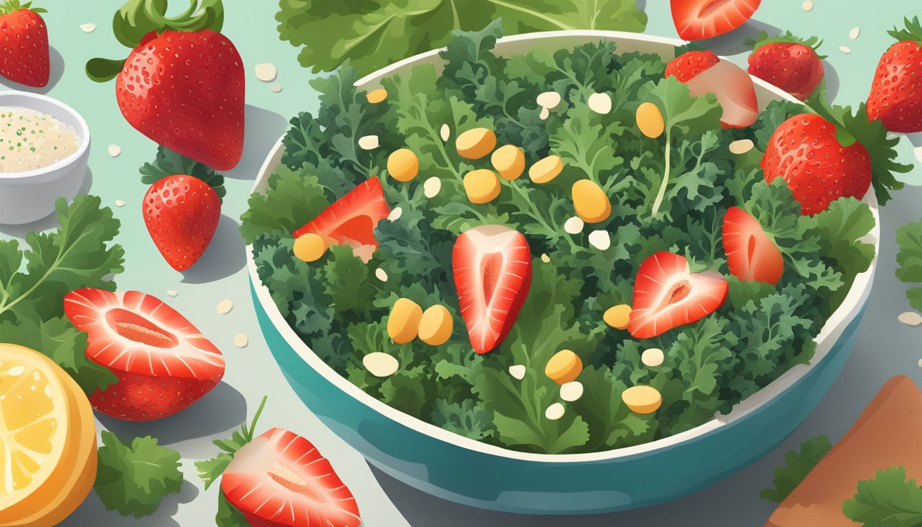 A colorful bowl filled with kale, strawberries, and poppy seed dressing, surrounded by fresh ingredients and a sunny, summery backdrop