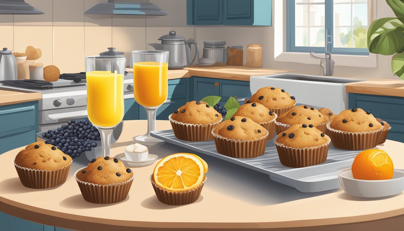 A kitchen counter with six different types of muffins arranged on a platter, surrounded by fresh fruits and a glass of orange juice