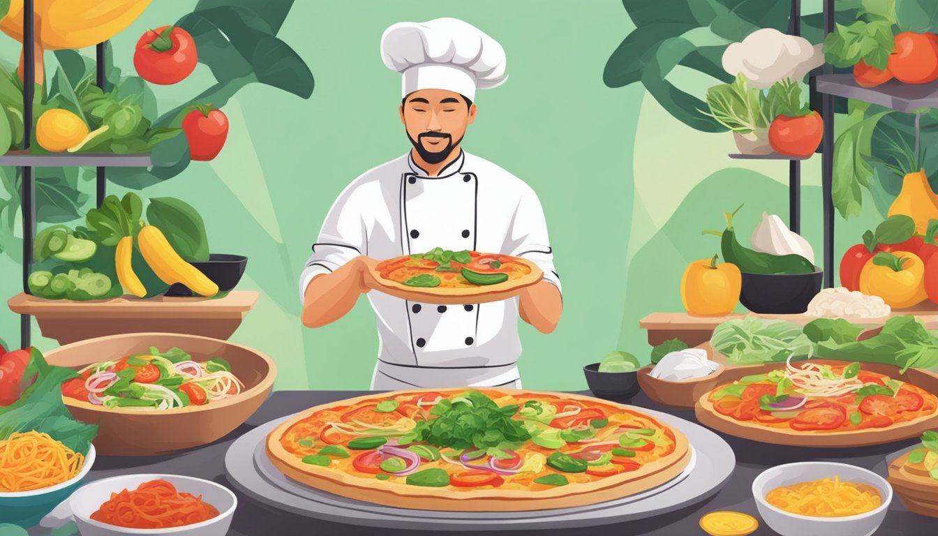 A chef assembles and cooks a colorful Thai pizza with vegan ingredients