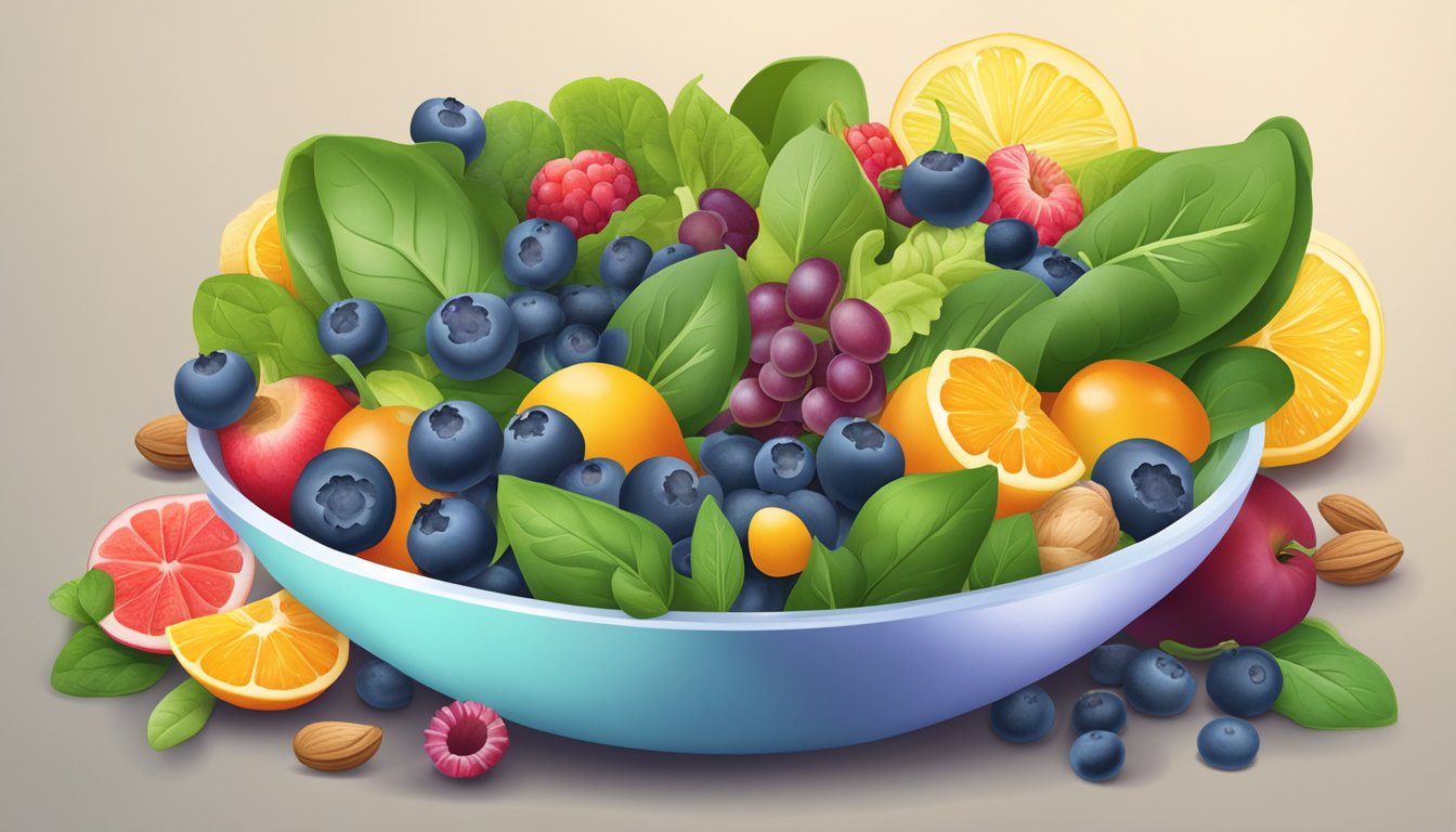 A colorful salad bowl filled with spinach, blueberries, and walnuts, surrounded by vibrant summer fruits and vegetables