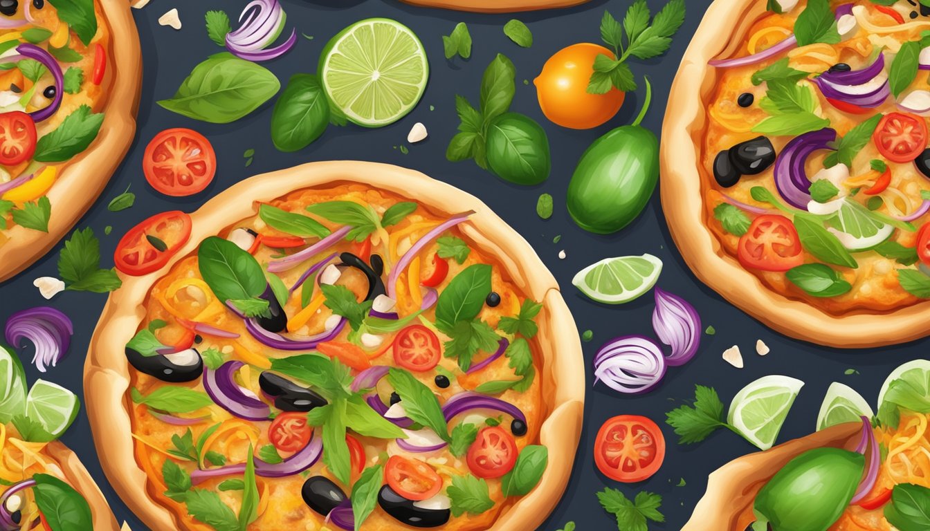 A colorful Thai pizza with vibrant vegetable garnishes and final touches of fresh herbs and spices