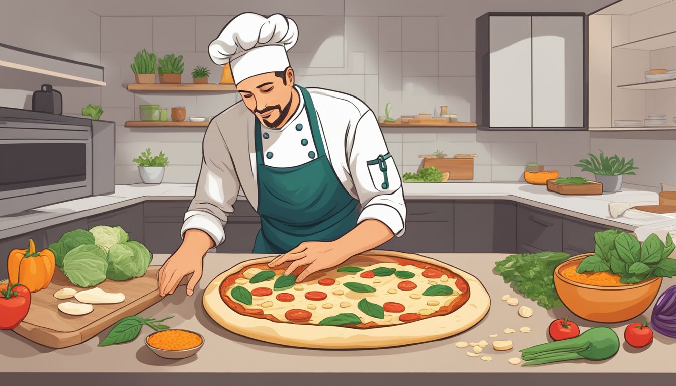 A chef rolls out dough, spreads vegan cheese, and stuffs the crust with plant-based ingredients before baking a stuffed crust pizza