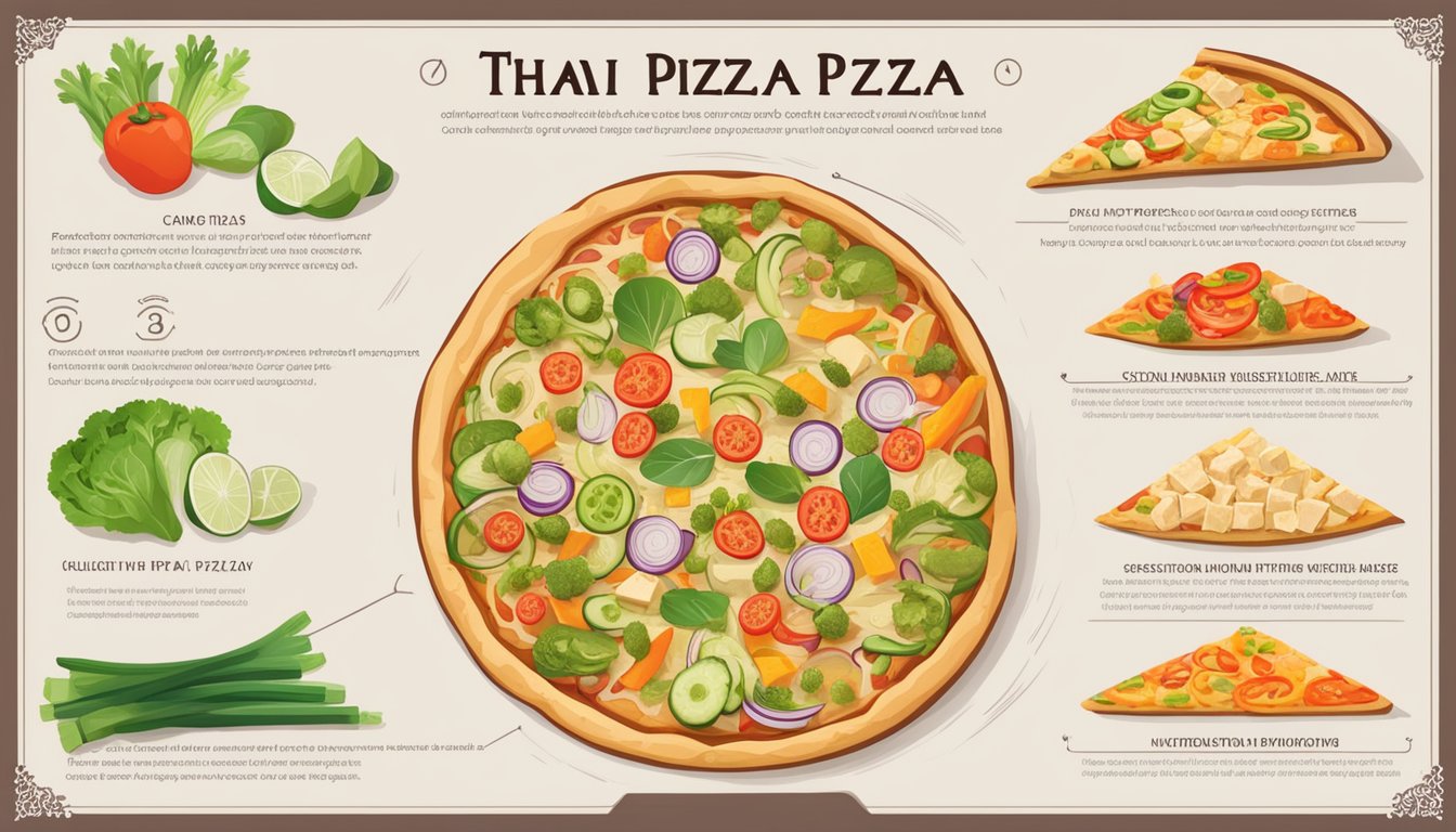 A colorful Thai pizza with a variety of vegetables and tofu as toppings, displayed alongside a list of nutritional information