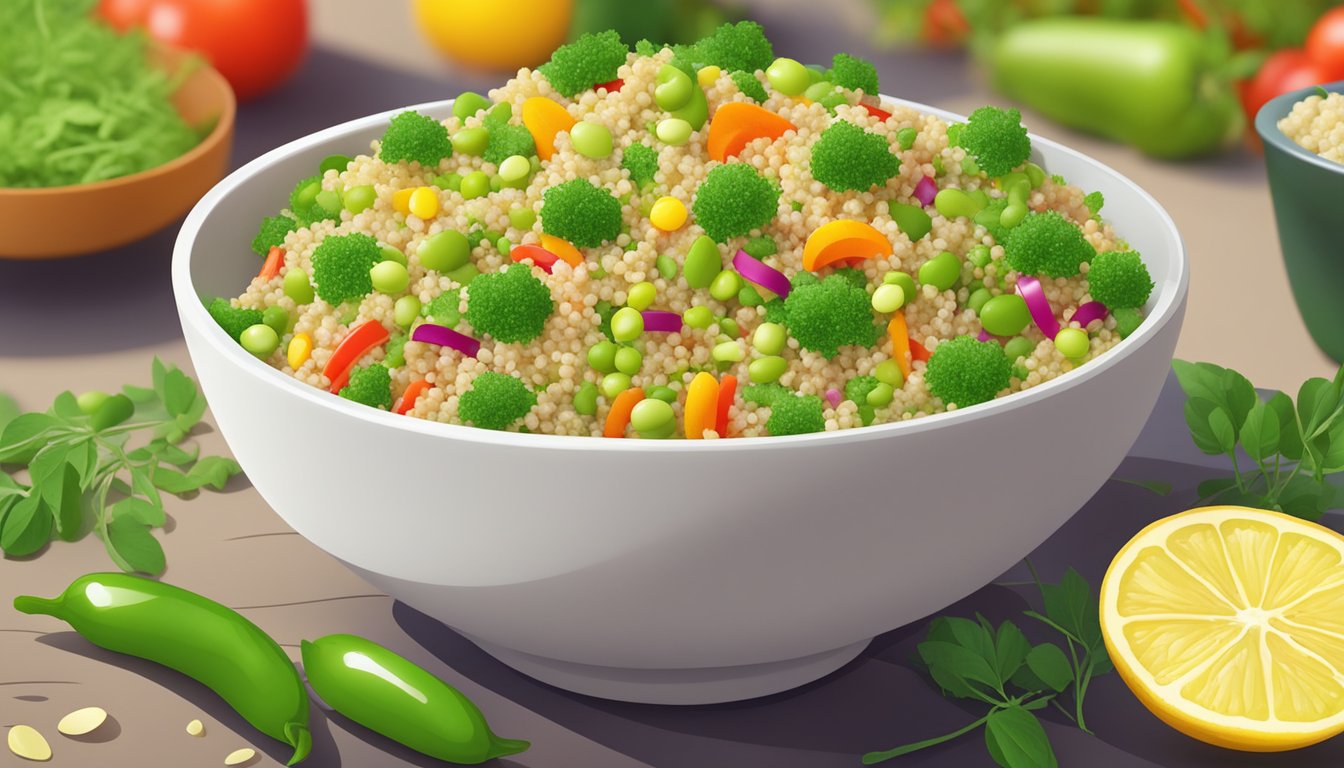 A vibrant bowl of quinoa and edamame salad with lemon vinaigrette, surrounded by colorful summer vegetables and herbs