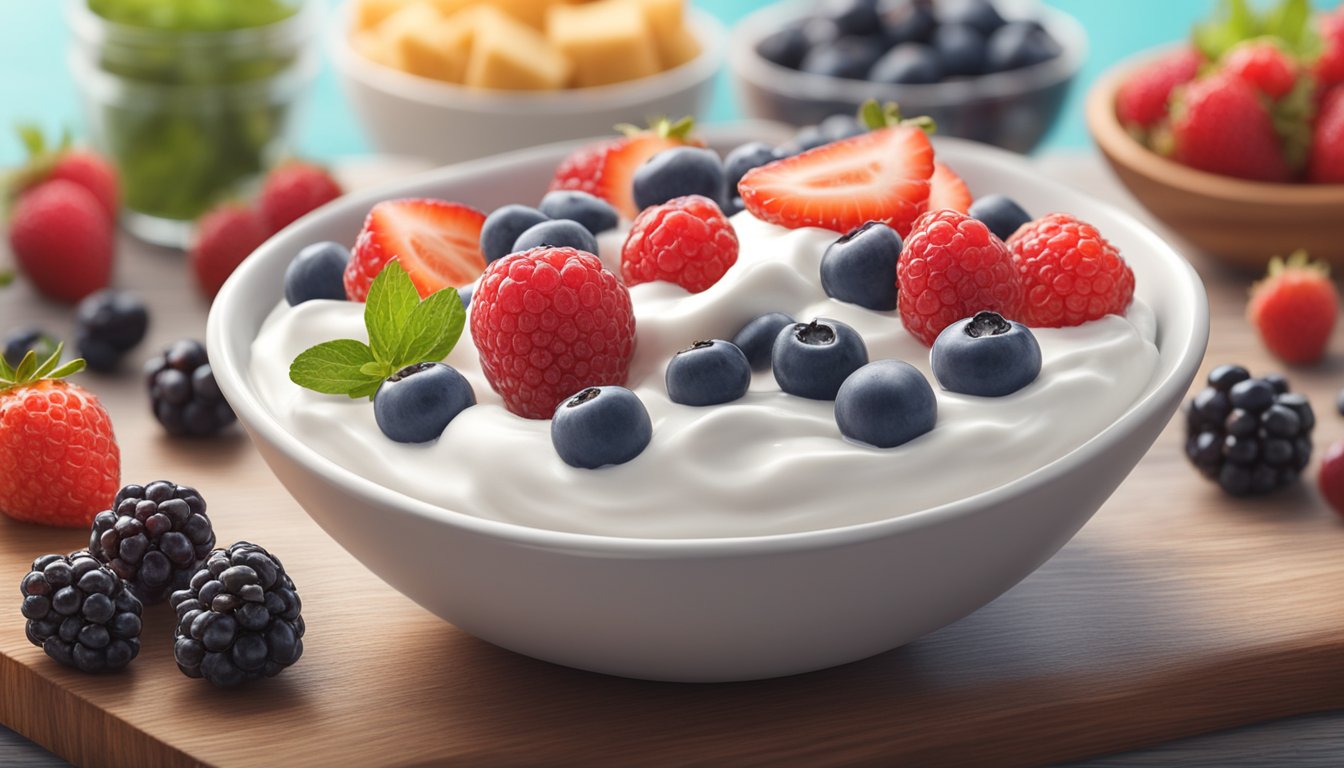 A bowl of Greek yogurt topped with fresh berries sits on a wooden table, surrounded by other healthy snack options