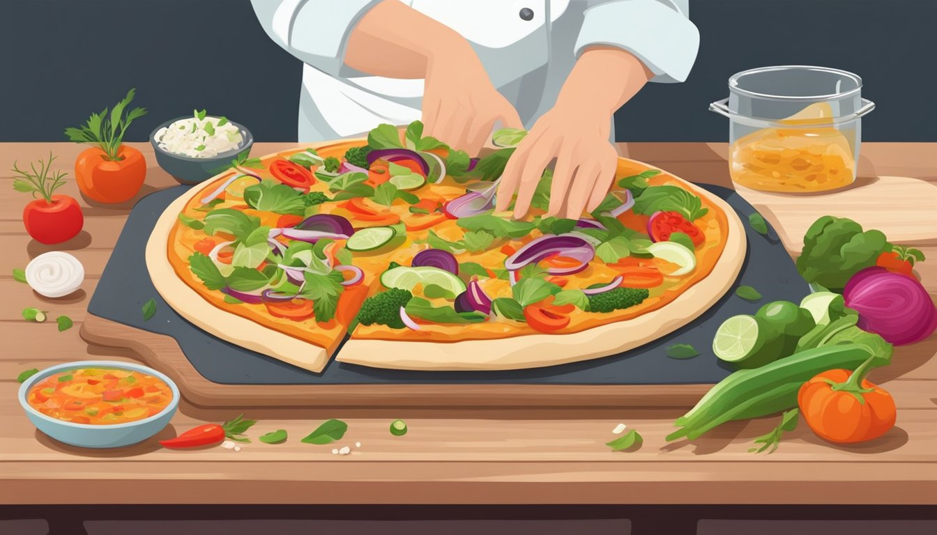 A chef prepares a colorful vegan Thai pizza with fresh vegetables and aromatic herbs on a wooden cutting board