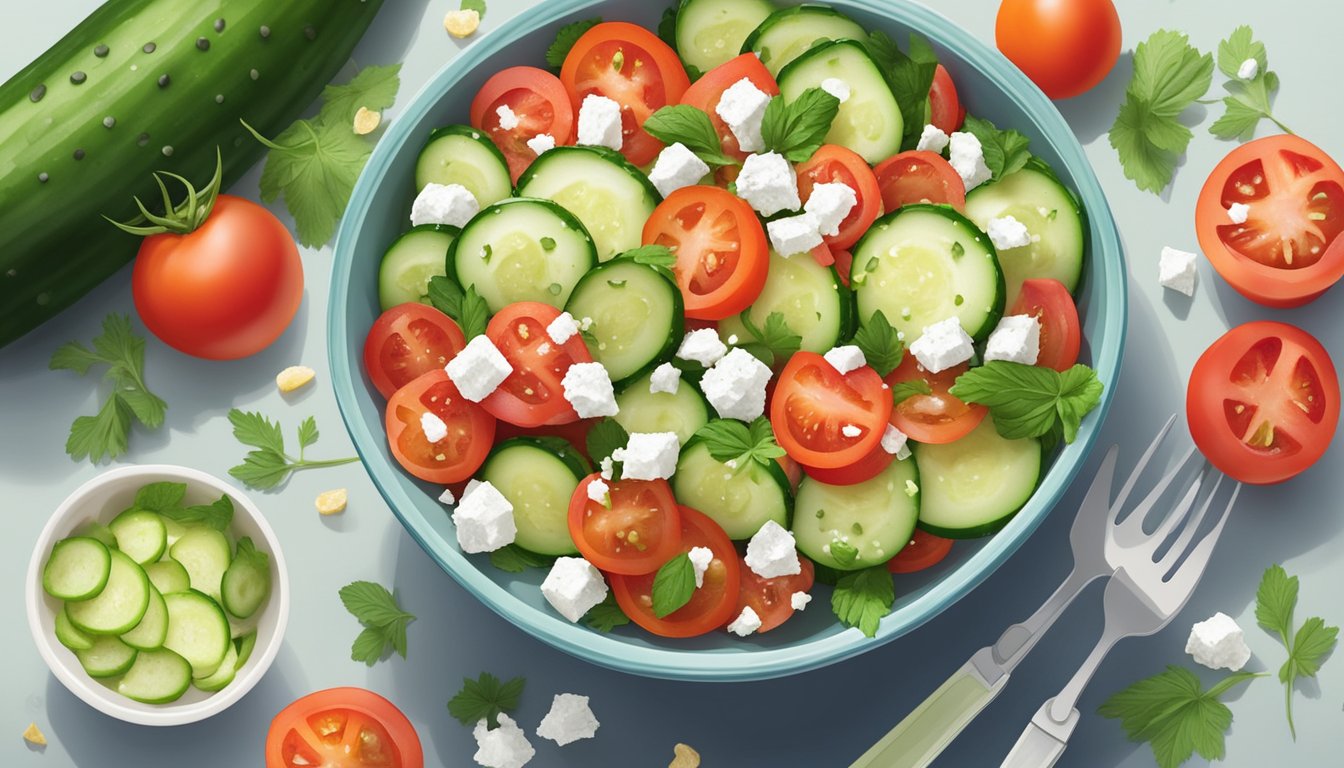 A colorful bowl of cucumber and tomato salad topped with crumbled feta cheese, surrounded by fresh ingredients and a summery backdrop