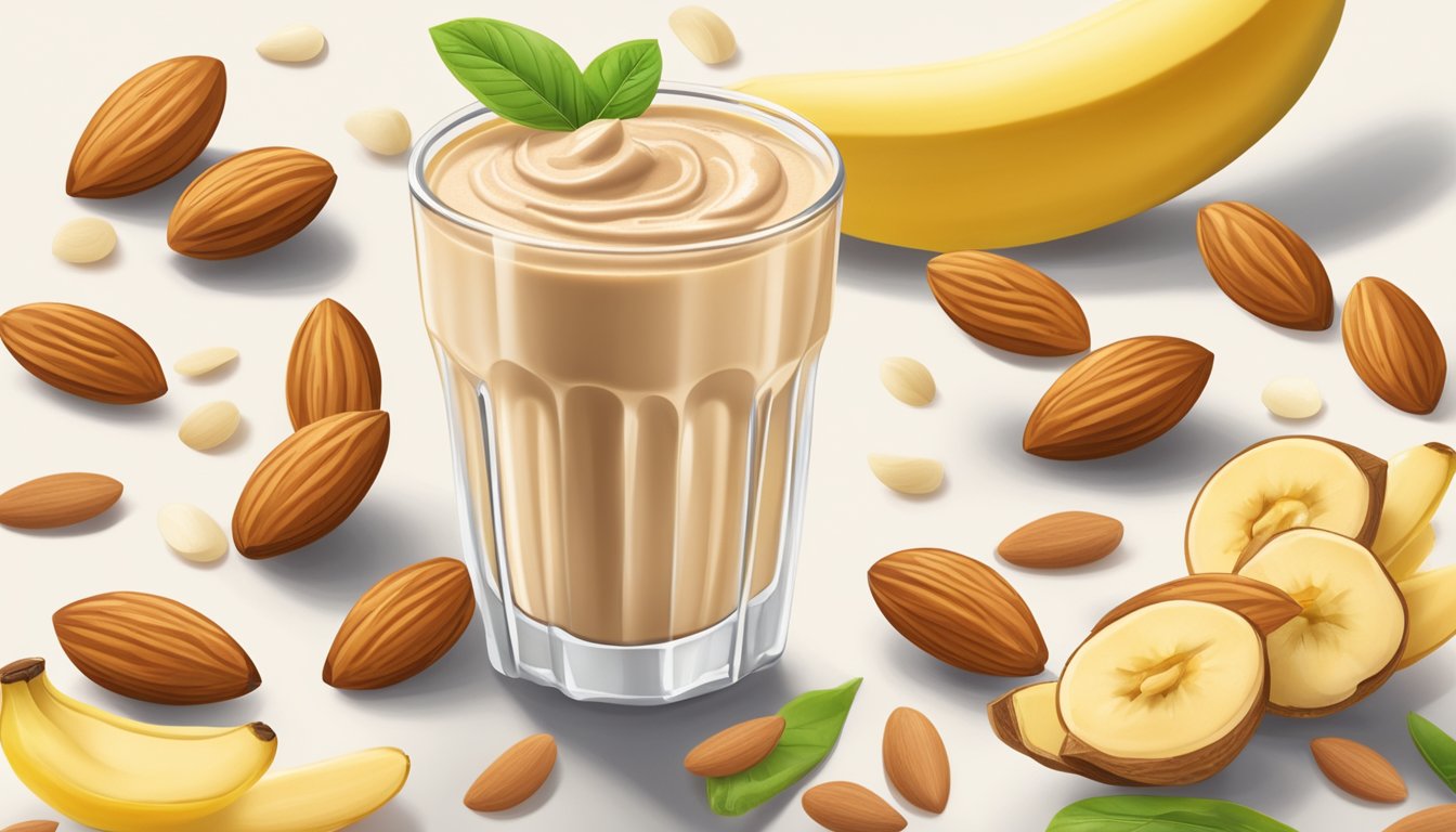 A glass filled with a creamy almond butter and banana smoothie surrounded by fresh ingredients like almonds, bananas, and a splash of milk