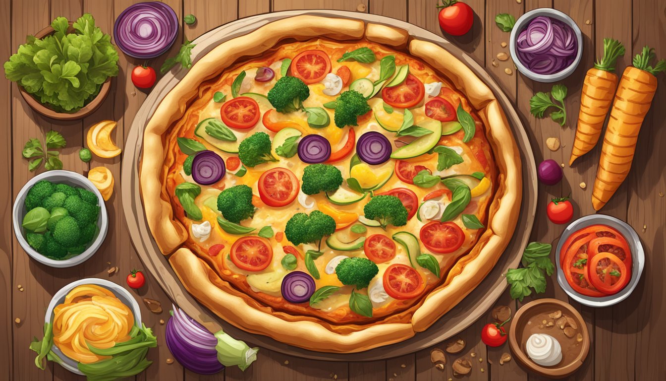 A golden-brown stuffed crust pizza sits on a wooden table, topped with vibrant vegetables and drizzled with rich, savory sauces