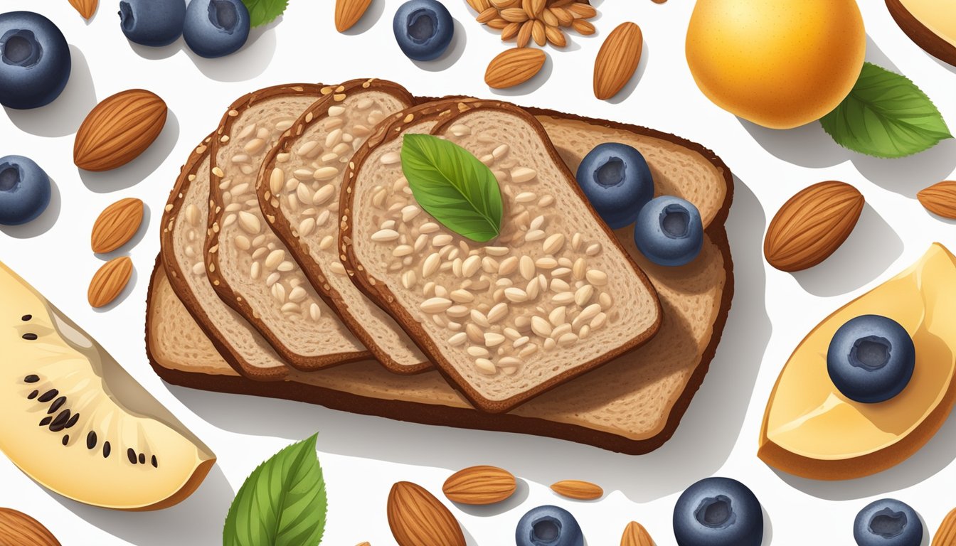 A slice of whole grain bread topped with almond butter, surrounded by fresh fruits and nuts