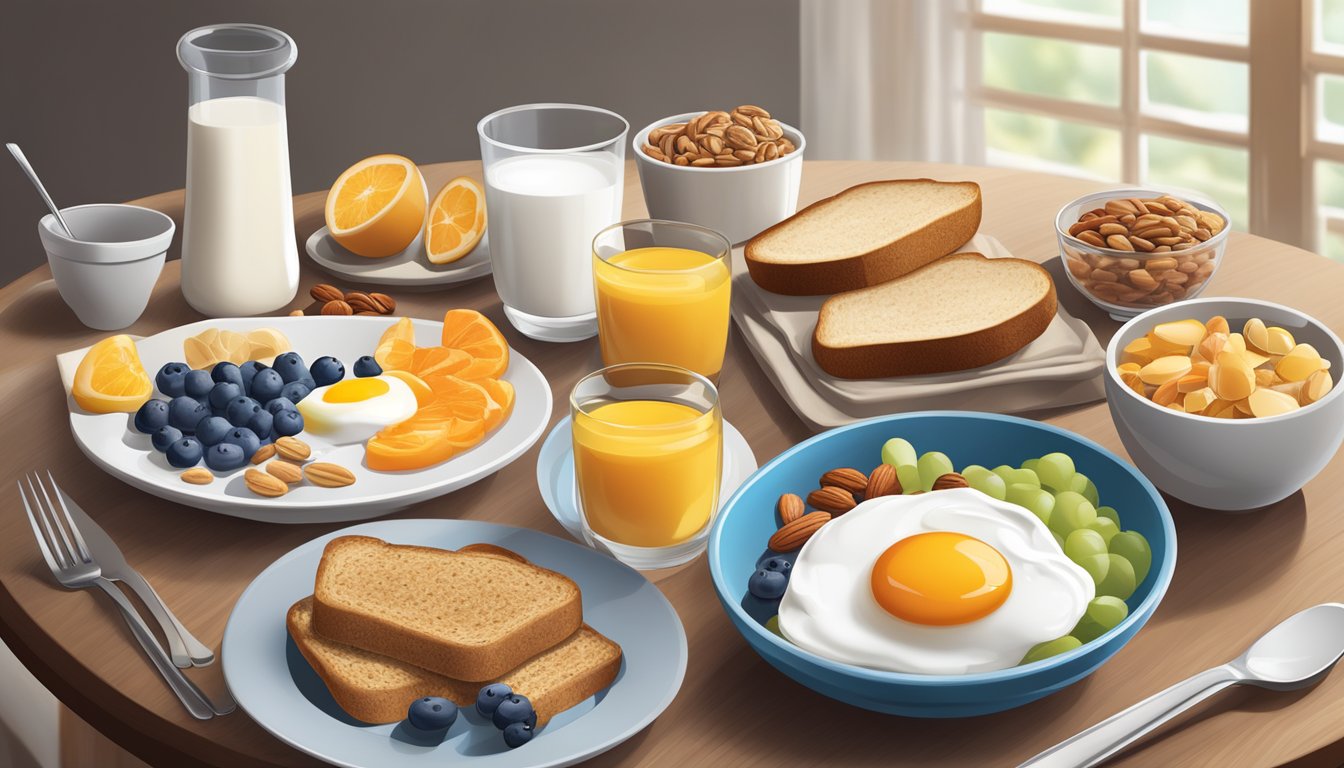 A breakfast table with a variety of diabetes-friendly foods, including whole grain toast, yogurt, eggs, fruit, and nuts, balanced in portion sizes